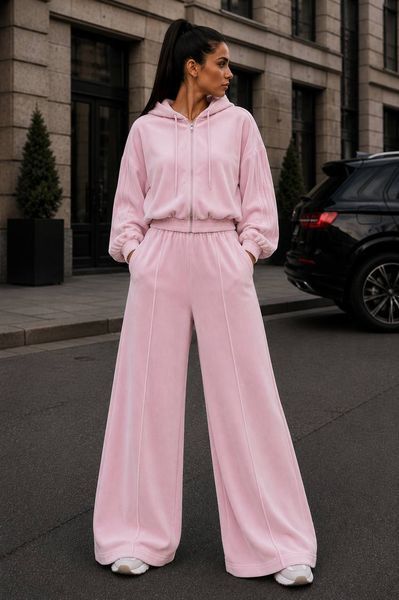 Жіночий велюровий костюм Oversized з подвійним капюшоном та широкими штанами 7077 фото